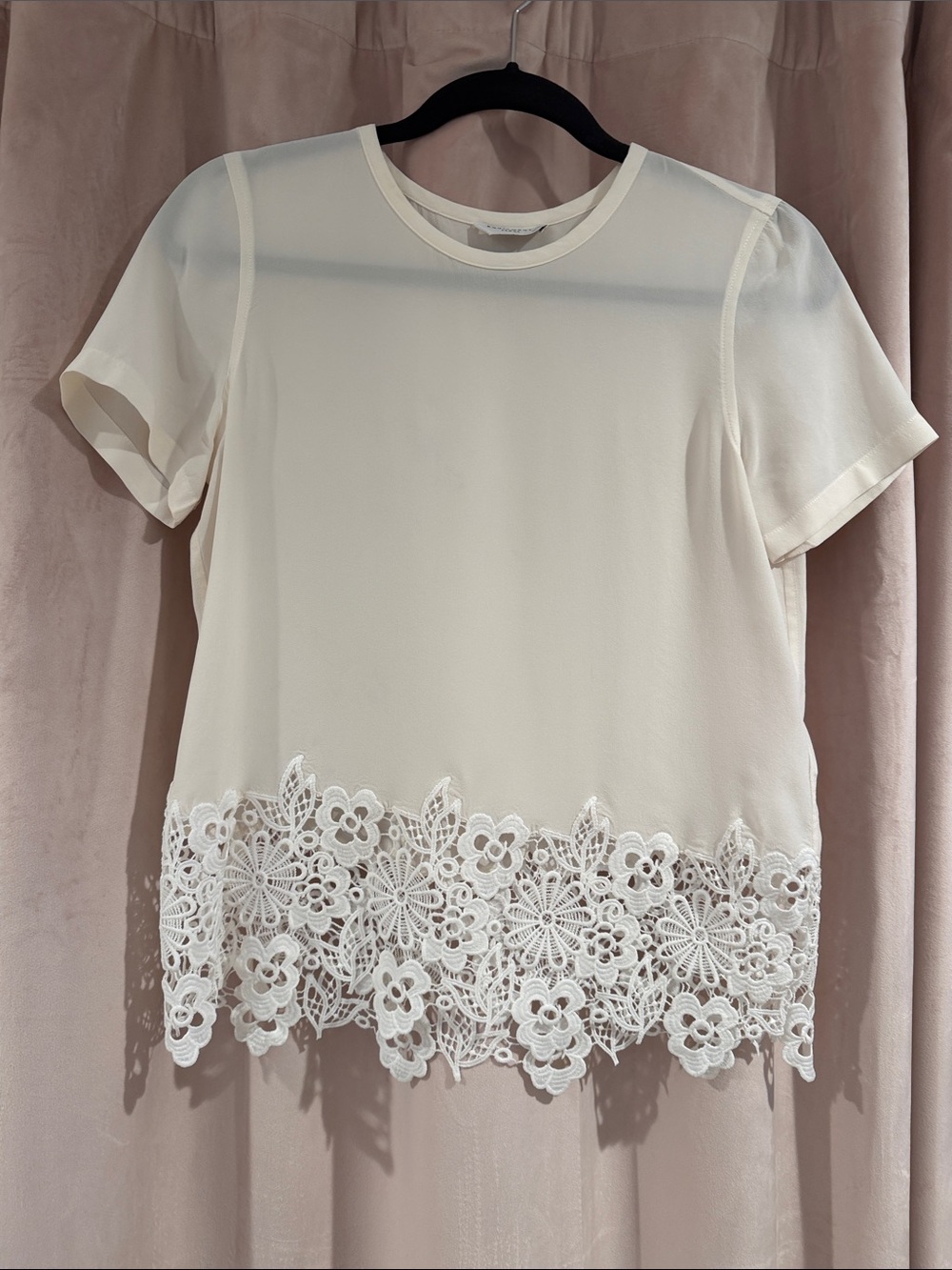 Women’s Cream Short Sleeve Silk Top with Lace Hem